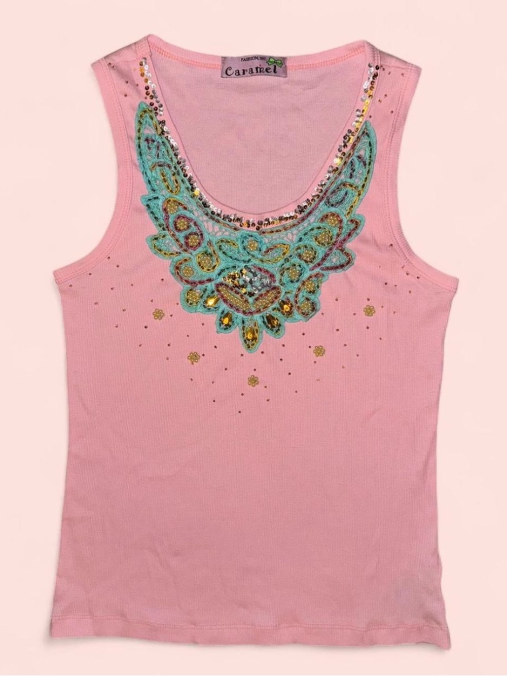 Y2K Pink Ribbed Embellished Tank Top Fashion Inc. Caramel